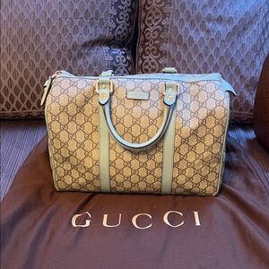 Gucci GG Supreme Boston  Bag with Light Blue leather Trim